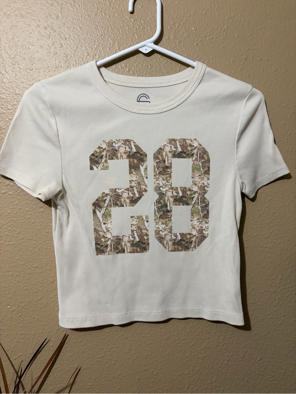 Girls Cropped Cream Ribbed Tee with Camo '28' Graphic